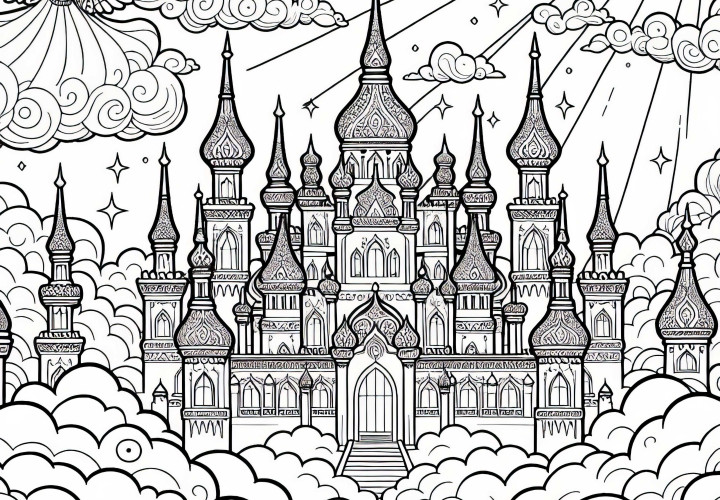 Flytur gjennom himmeriket: Gylden palass svever på skyer – Fargeleggingsbilde gratis