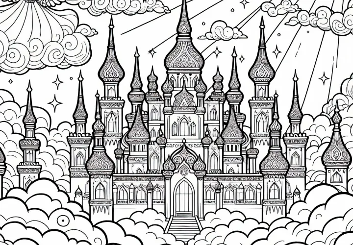 Repülés a mennyországban: Arany palota lebeg a felhők felett – Ingyenes színező kép