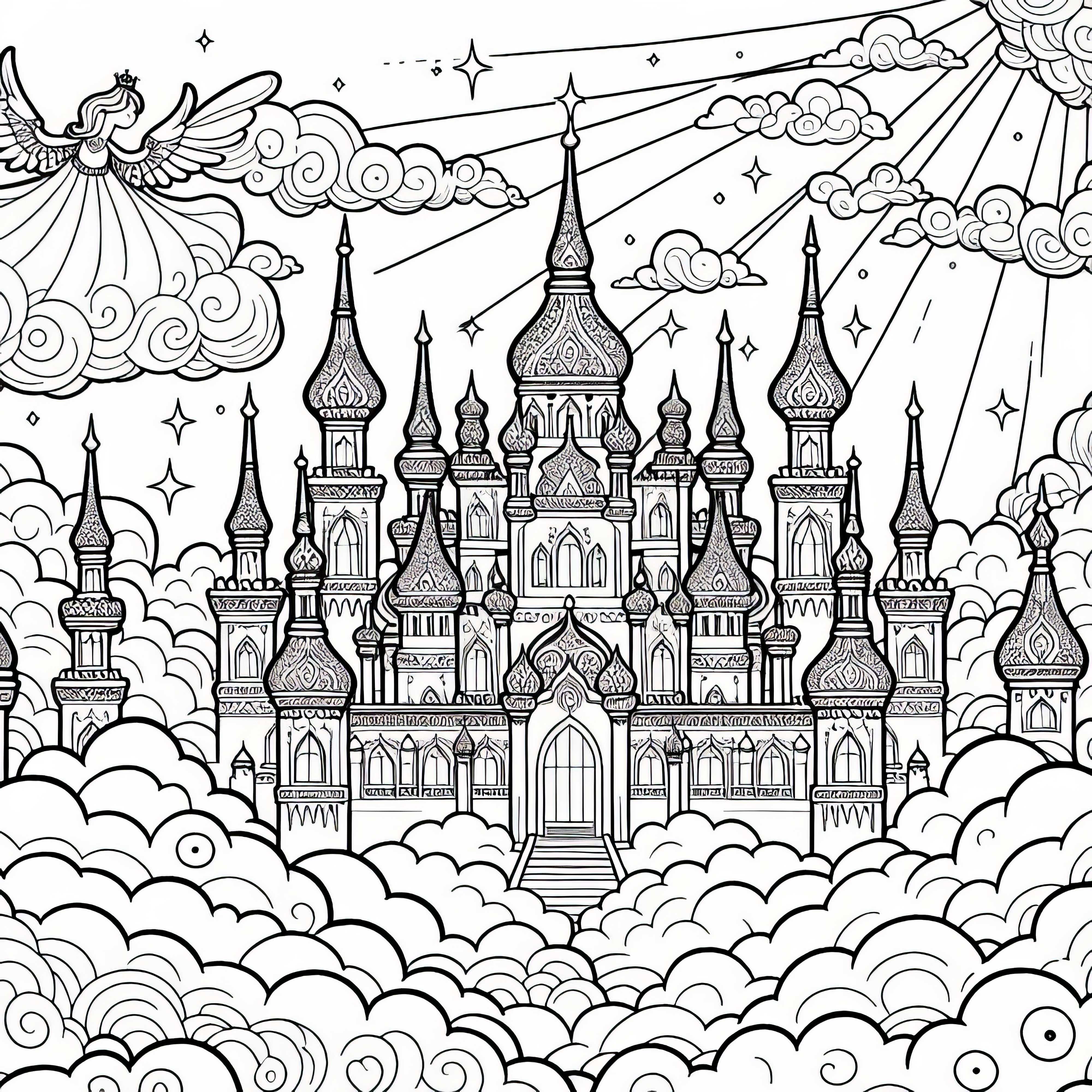 Flug durch das Himmelreich: Goldener Palast schwebt auf Wolken &ndash; Ausmalbild gratis