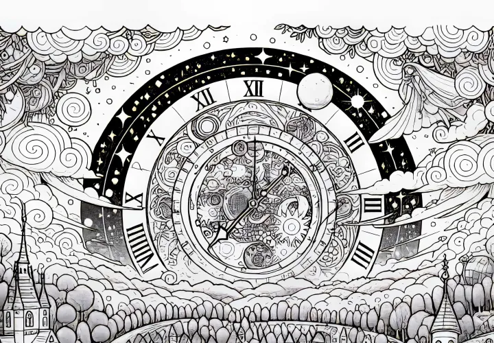 Mennyország: Óriási Égi Óra Forgatódik a Világ Felett – Színezőlap Ingyenesen