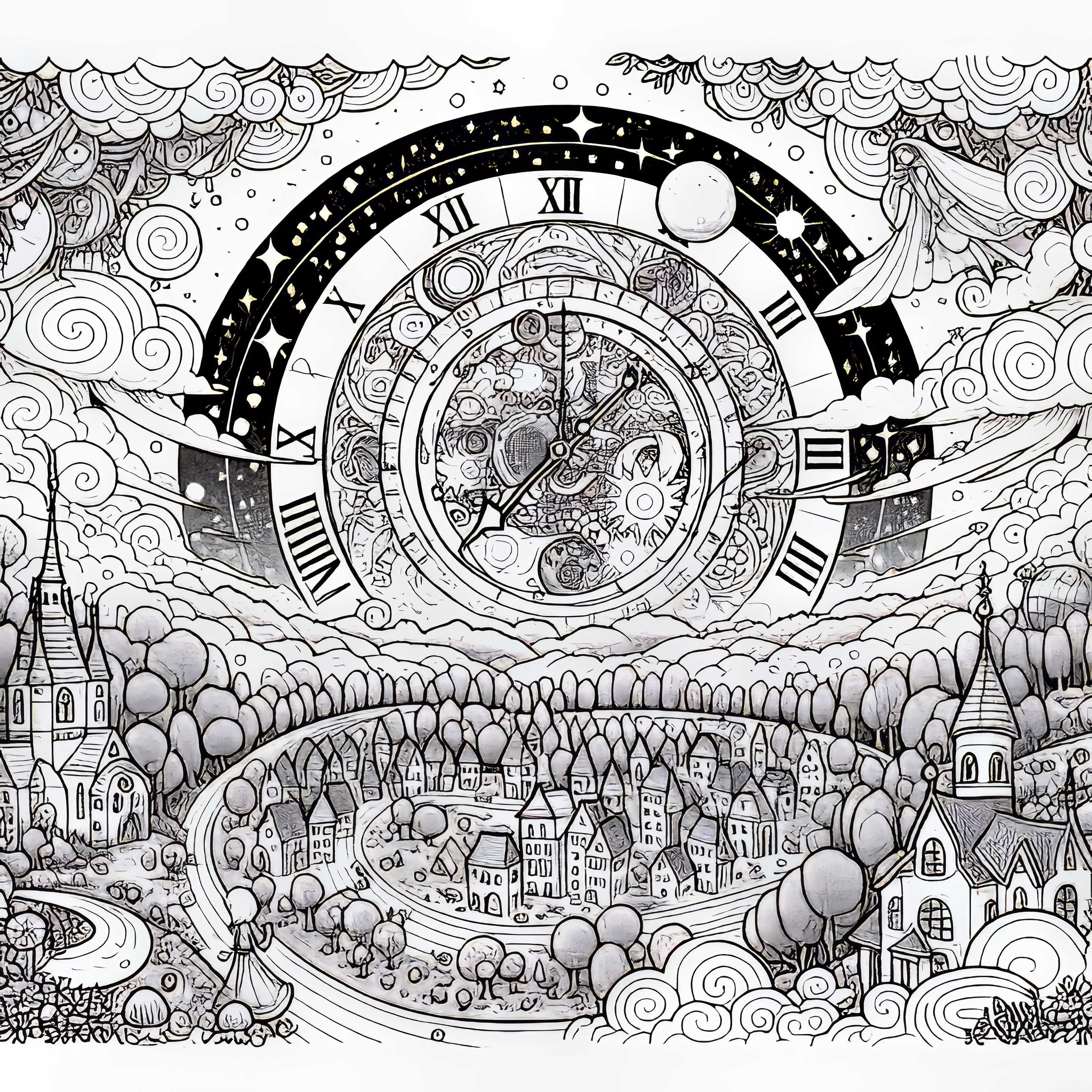 Himmlisches Reich: Riesige Himmelsuhr Dreht Sich &Uuml;ber Der Welt &ndash; Malvorlage Kostenlos
