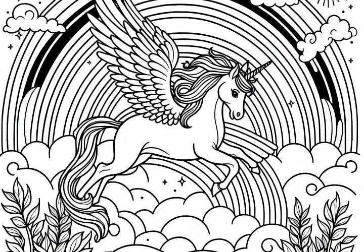 Himmelsrike med bevinget hest flyr over regnbuer – Kostnadsfritt fargeleggingsbilde