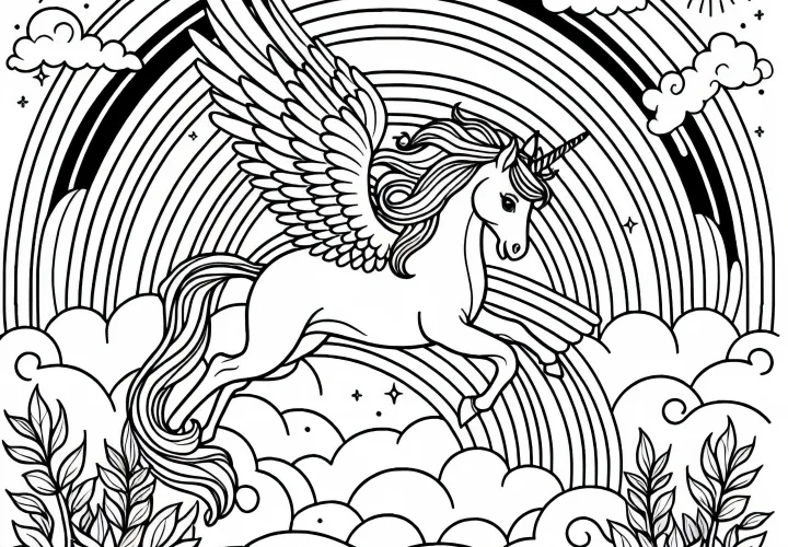 Mennyei ország szárnyas lóval repül a szivárványok felett – Ingyenes színezőoldal