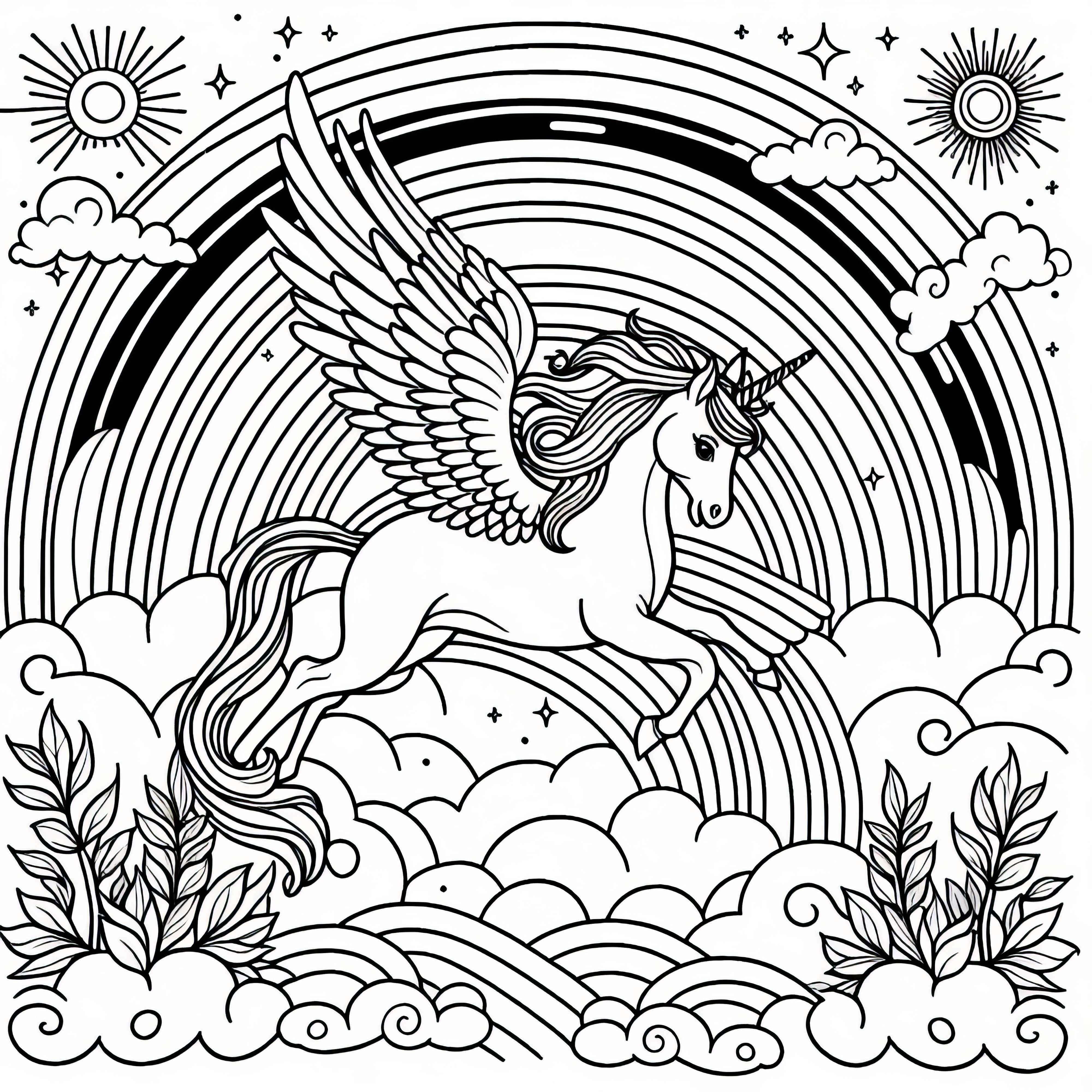 Taevane kuningriik tiivulise hobusega lendab üle vikerkaarte – Tasuta värvimisleht Taevareik tiivulise hobusega lendab üle vikerkaar – Tasuta värvimisleht