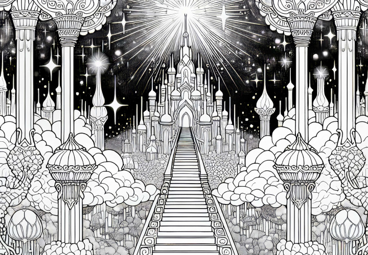 Himmelrike: Himmelstrapper fører til glitrende tempel - Fargeleggingsmal gratis