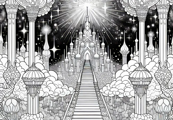 Mennyország: Égi lépcsők egy ragyogó templomhoz - Ingyenes színező sablon