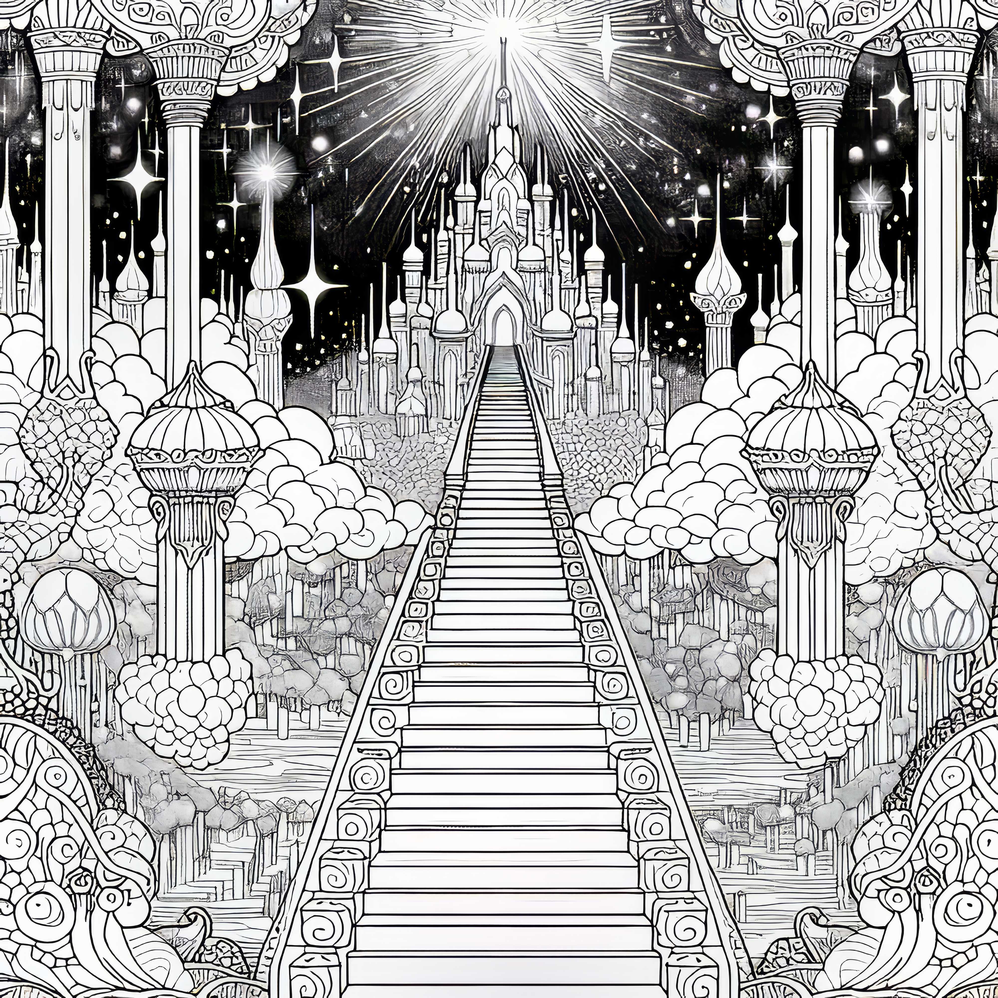 Himmelrike: Himmeltister f&oslash;rer til en glitrende tempel - Fargeleggingsmal for gratis