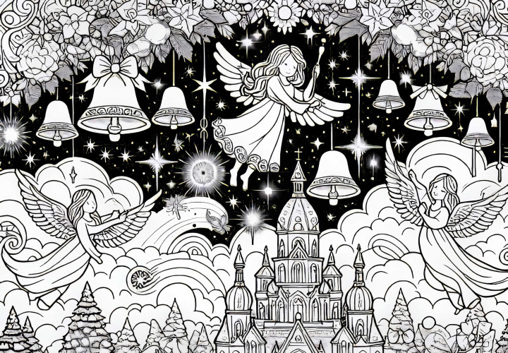 Himmelrike: Klokkespill klinger i luften – Fargeleggingsbilde gratis