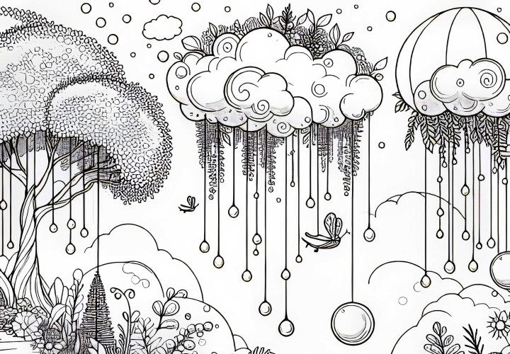 Himmelrike med flygende hage og svømmende vannbobler – Malebilde for nedlasting