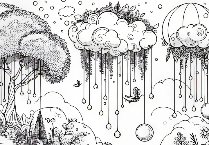 Mennyország repülő kerttel és lebegő vízbuborékokkal – Színezőlap letöltésre