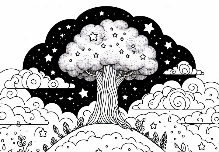 Himmelrike med stort tre som vokser fra skyhaugene opp til stjernene – gratis fargeleggingsbilde