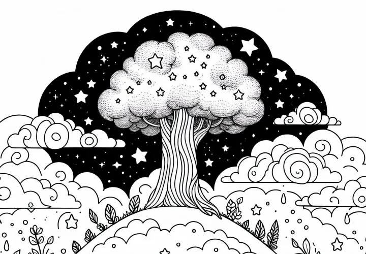 Mennyország hatalmas fával, amely a felhődomboktól a csillagokig nő – ingyenes színezőlap