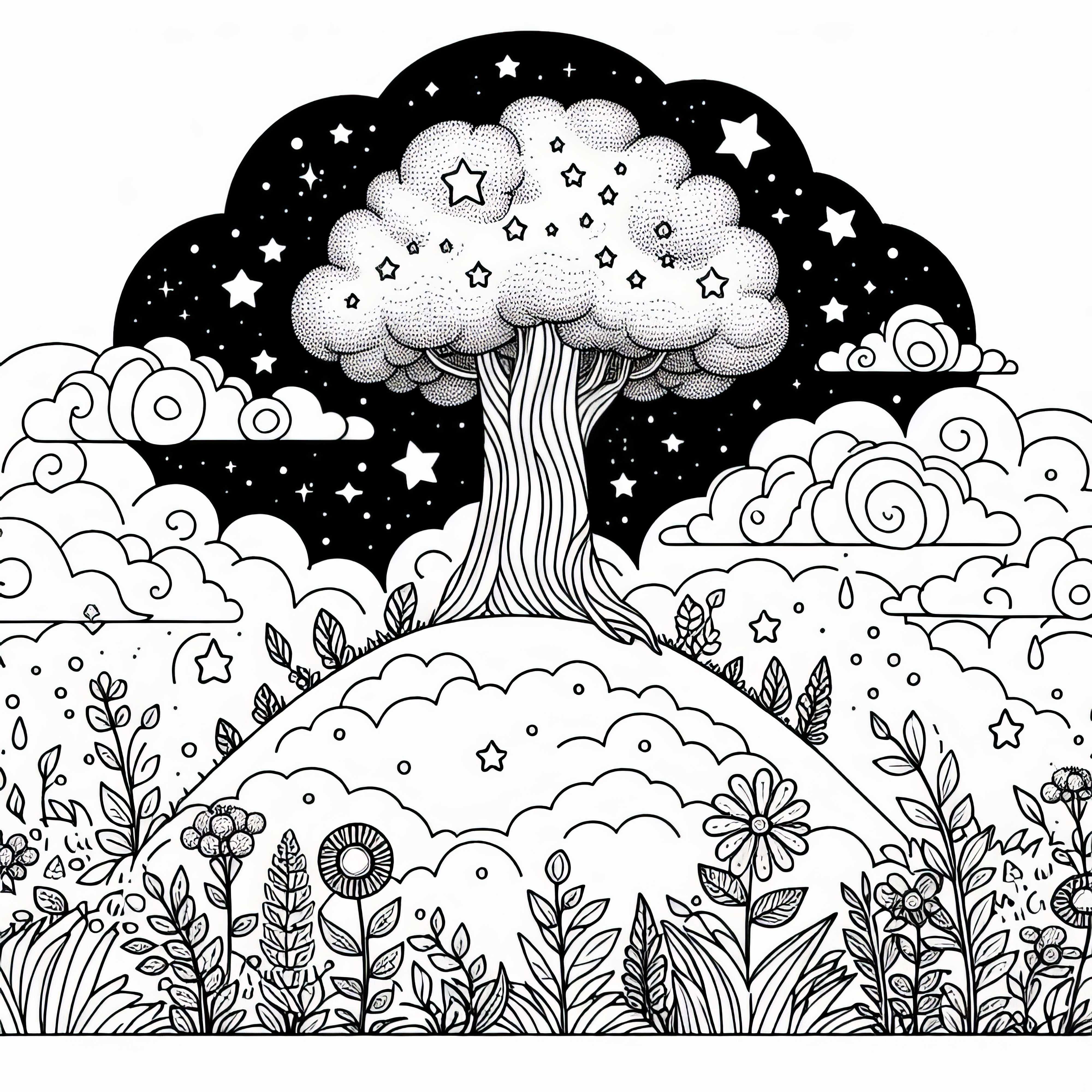 구름 언덕에서 별들까지 뻗어있는 거대한 나무가 있는 천국 &ndash; 무료 색칠 가능한 그림