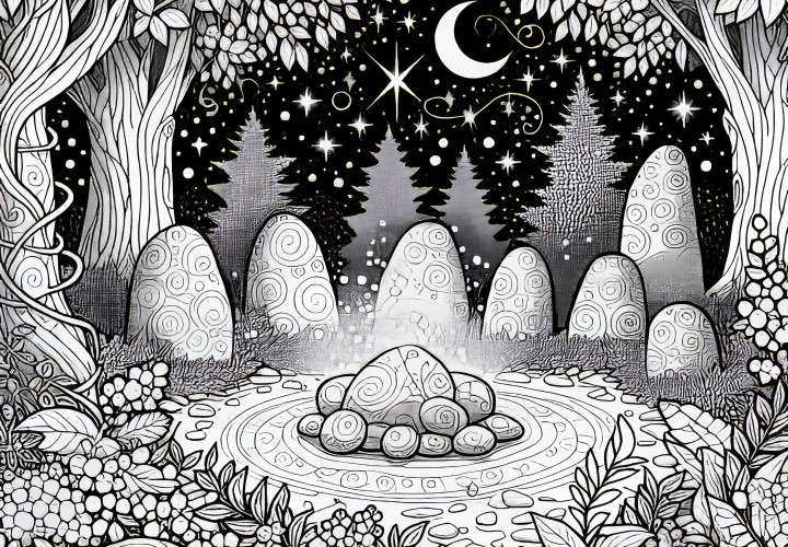 Фея света – Круг из мерцающих камней светится в лунном свете – Раскраска бесплатно