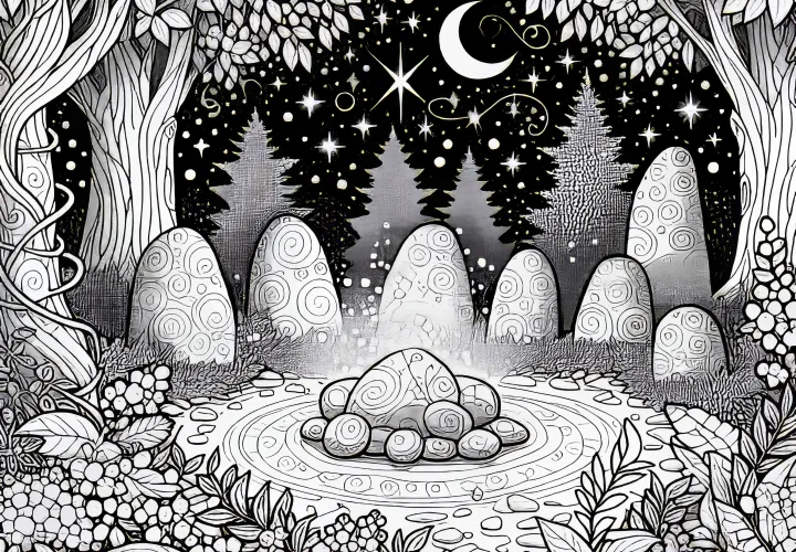 Svetloba vil - Krog iz svetlečih kamnov se sveti v mesečini - Barvna predloga brezplačno