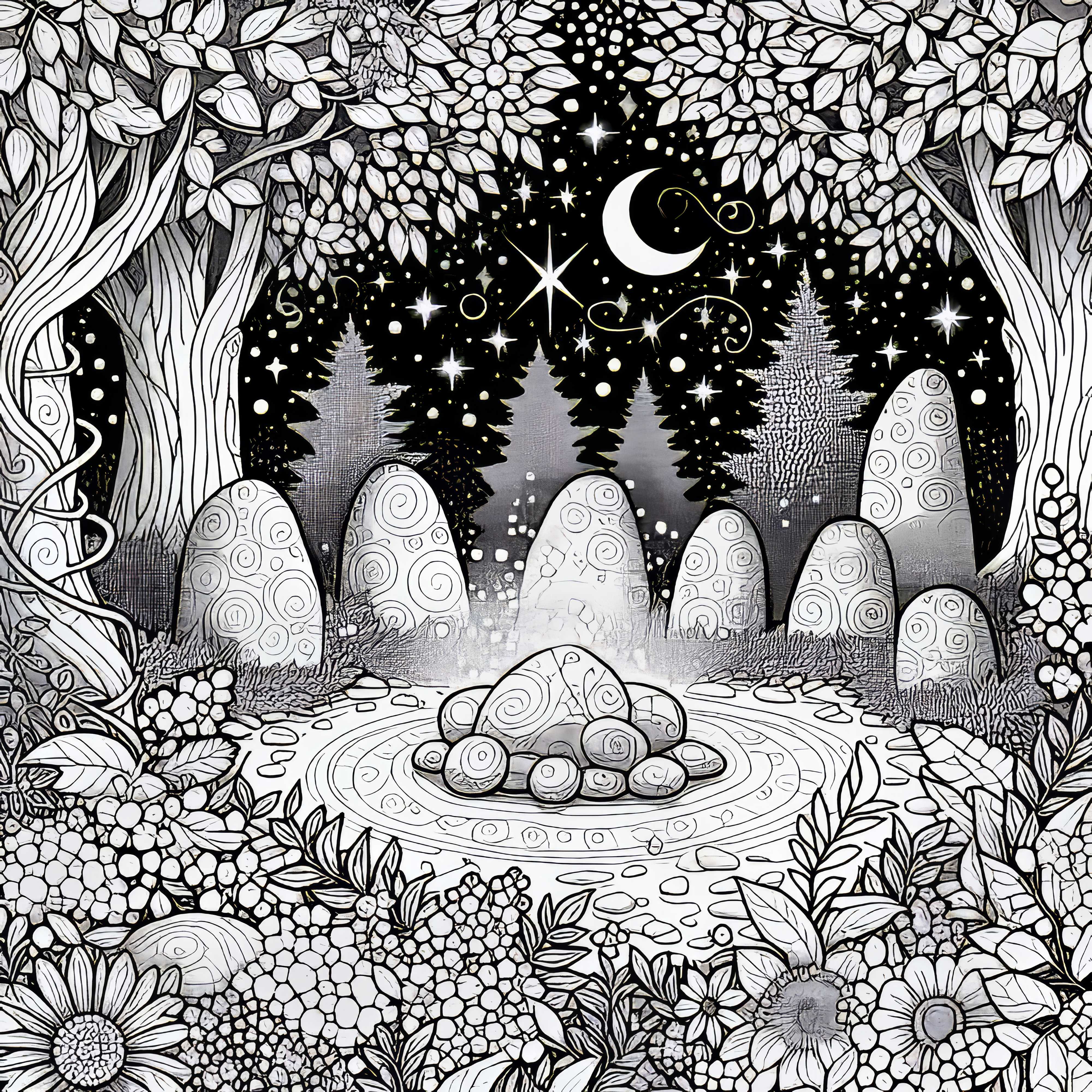 Iluminação de fadas – círculo de pedras brilhantes brilha à luz da lua – modelo para colorir grátis Iluminação de fadas – Círculo de pedras cintilantes brilha à luz da lua – Modelo para colorir grátis