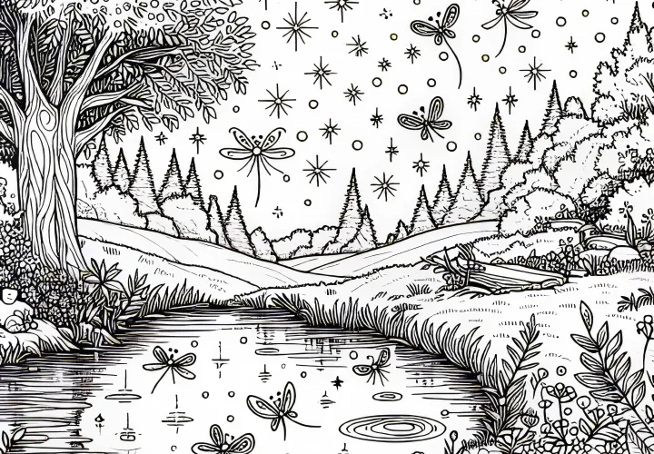 Fairy light clearing with small pond - Free coloring page