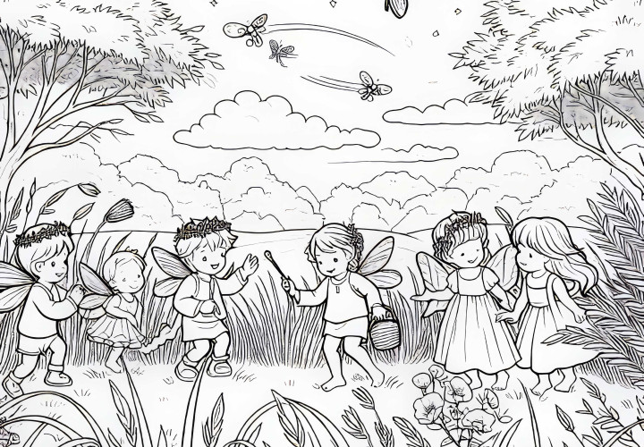 Свет фей: Дети играют среди высоких трав - Раскраска бесплатно