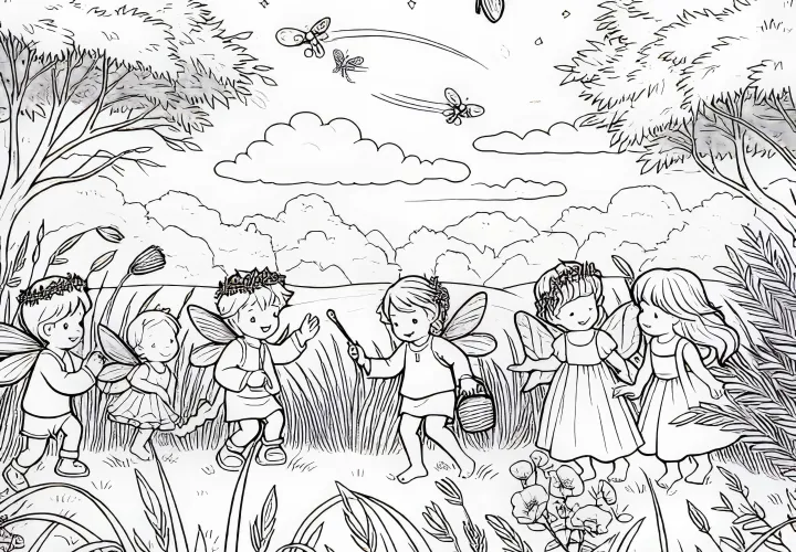Veseljaki: Otroci se igrajo med visokim travjem - brezplačna barvna predloga