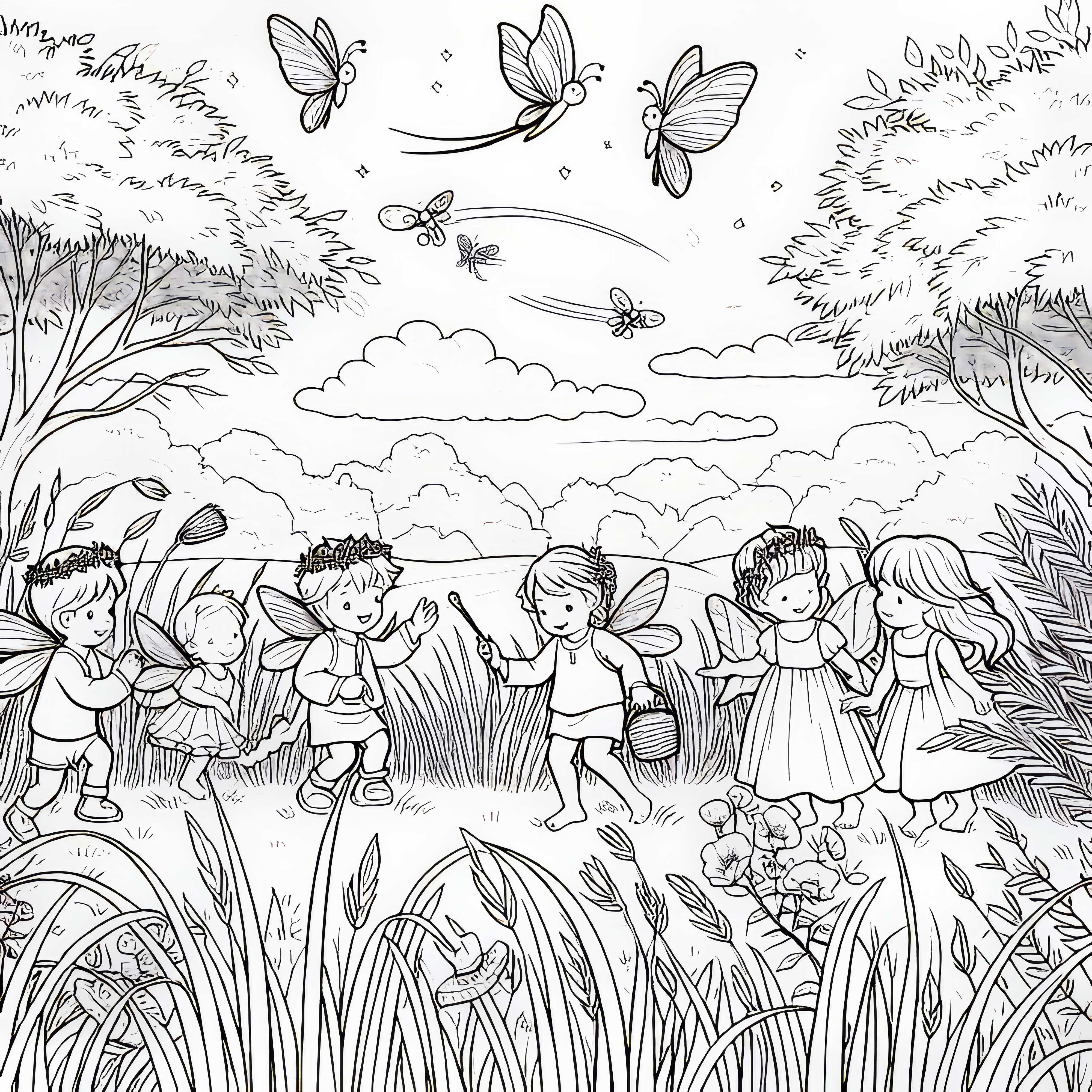 Iluminação de fadas: Crianças brincando entre gramas altas - Modelo de desenho gratuito Iluminação das fadas: Crianças brincam entre altos gramados - Modelo para colorir gratuito