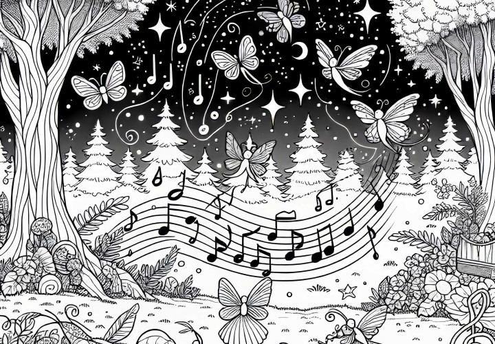 Фея света с парящими музыкальными нотами в воздухе – бесплатная раскраска