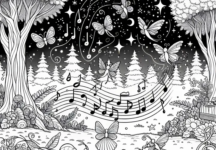 Vile čarovnic z lebdečimi glasbenimi notami v zraku - brezplačna barvna predloga