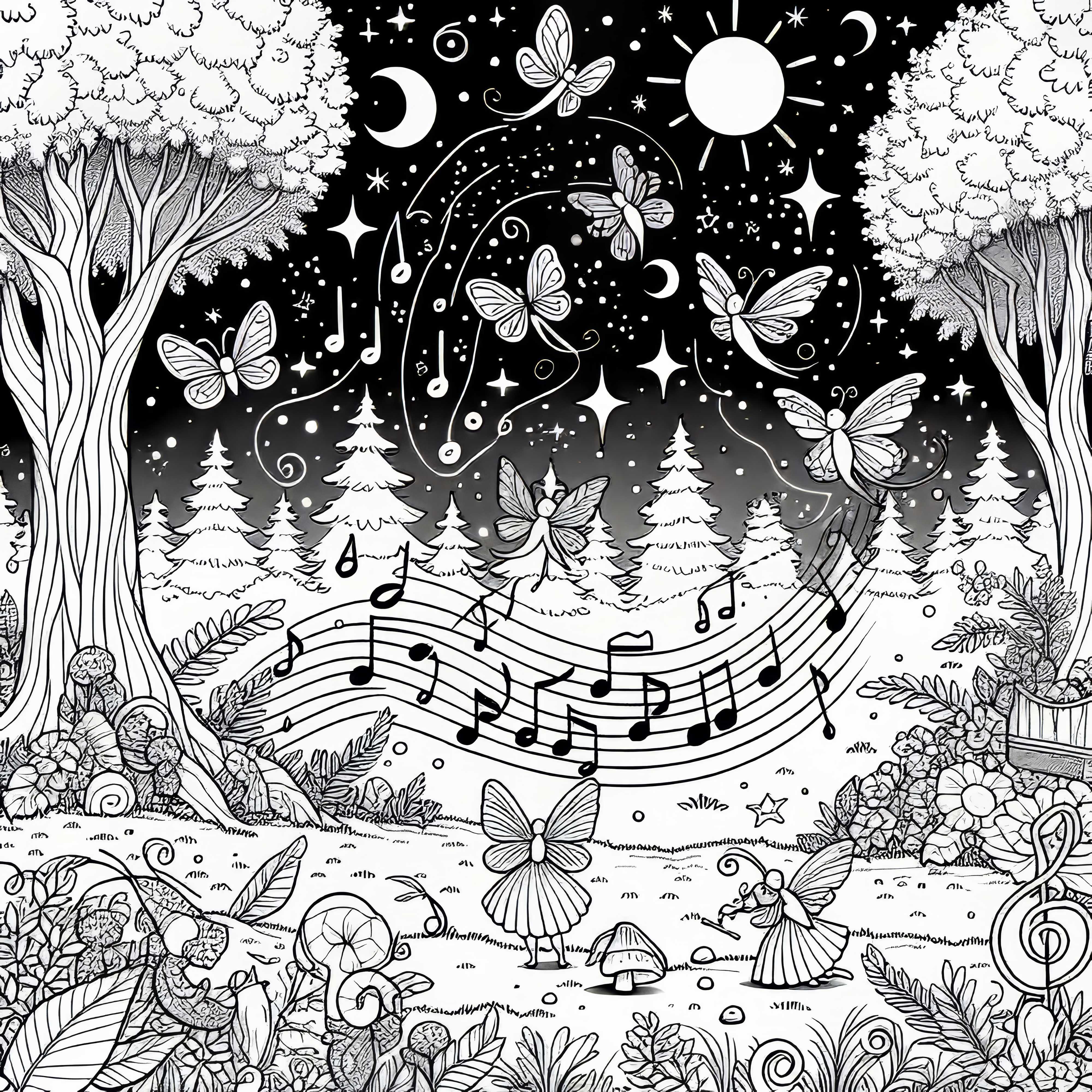 Fairy light with floating musical notes in the air - free coloring template Svetloba vil z lebdečimi glasbenimi notami v zraku - brezplačna predloga za barvanje