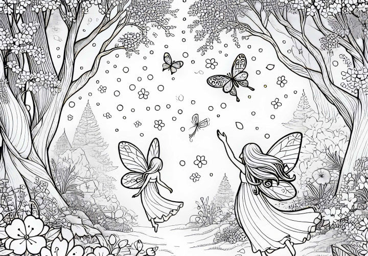 Свет фей с парящими цветами между деревьями – бесплатная раскраска