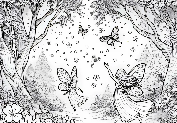 Svetloba vil z lebdečimi cvetovi med drevesi – Brezplačna pobarvanka