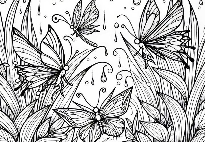 Фея света с бабочками между травинками и каплями росы – бесплатная распечатка для раскрашивания