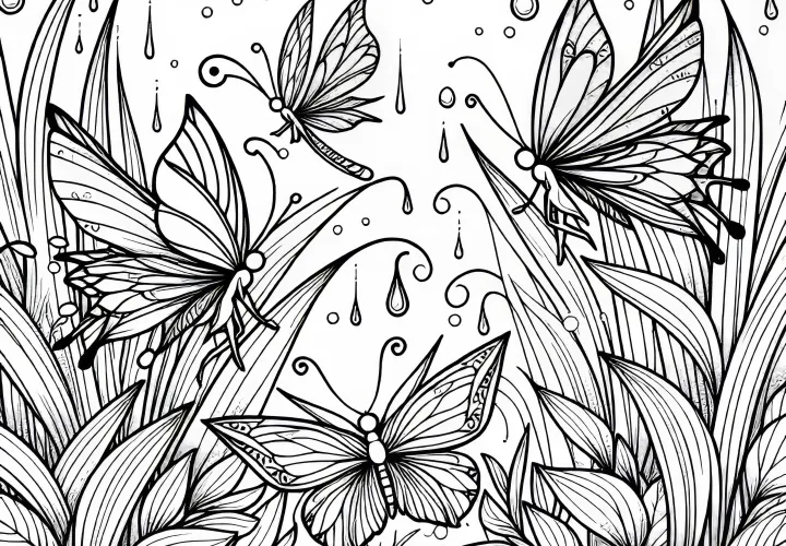 Svetloba vil z metuljnimi vilami med travnimi bilkami in kapljicami rose - brezplačna risalna predloga