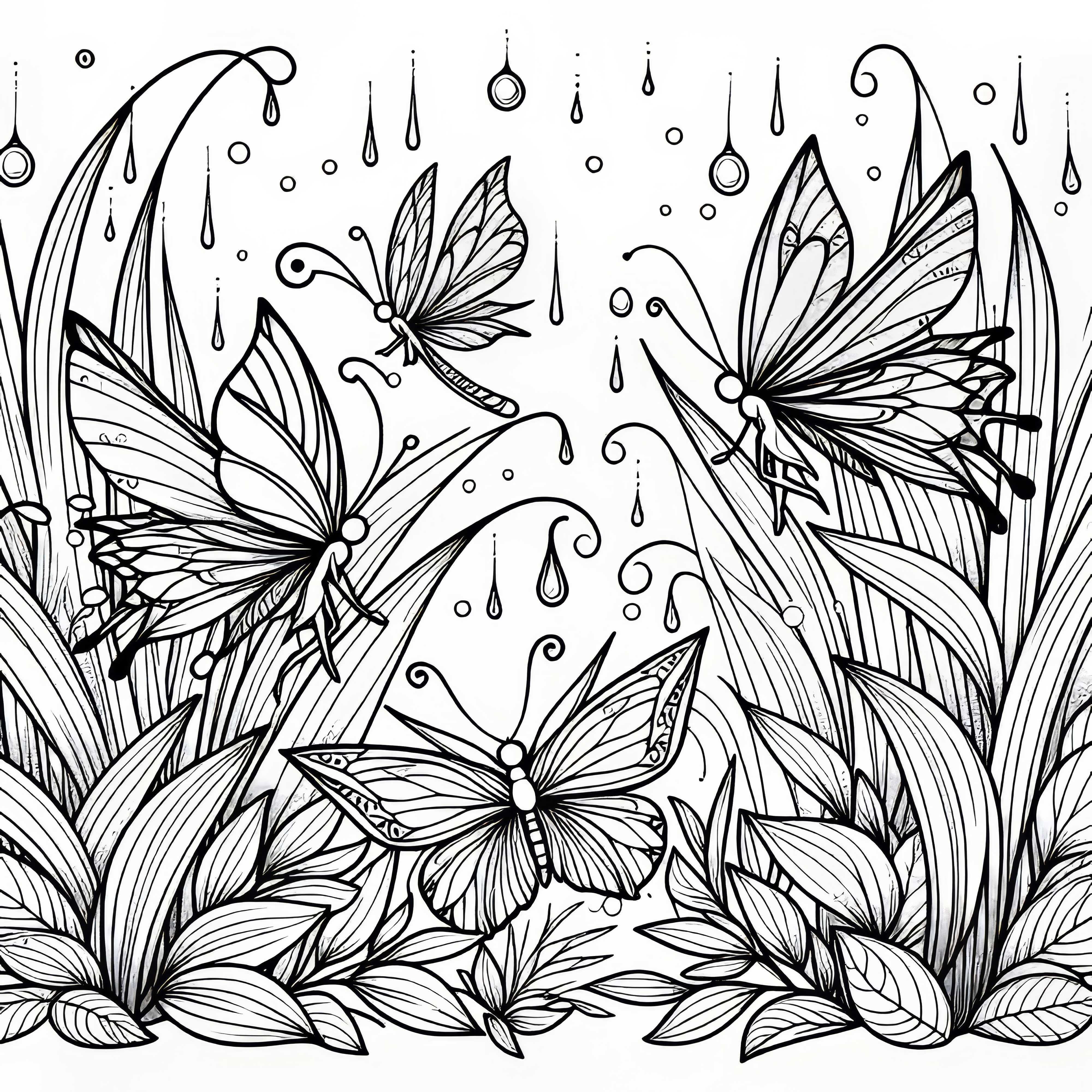 Feynslysning med sommerfuglf&eacute;er mellom gressstr&aring; og duggdr&aring;per &ndash; fargeleggingsmal gratis