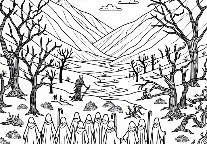 죽은 풍경 아이들이 조용한 계곡을 하이킹하는 색칠 그림 무료