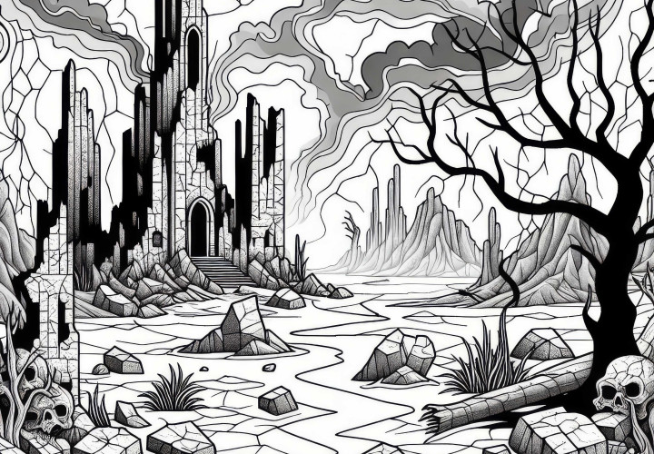 Døde landskap – Forlatte ruiner står på sprukken jord – Gratis fargeleggingsark