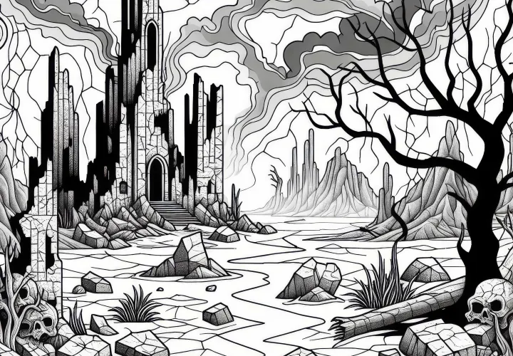 죽은 풍경 - 버려진 폐허가 갈라진 땅 위에 서 있다 - 무료 색칠하기 시트