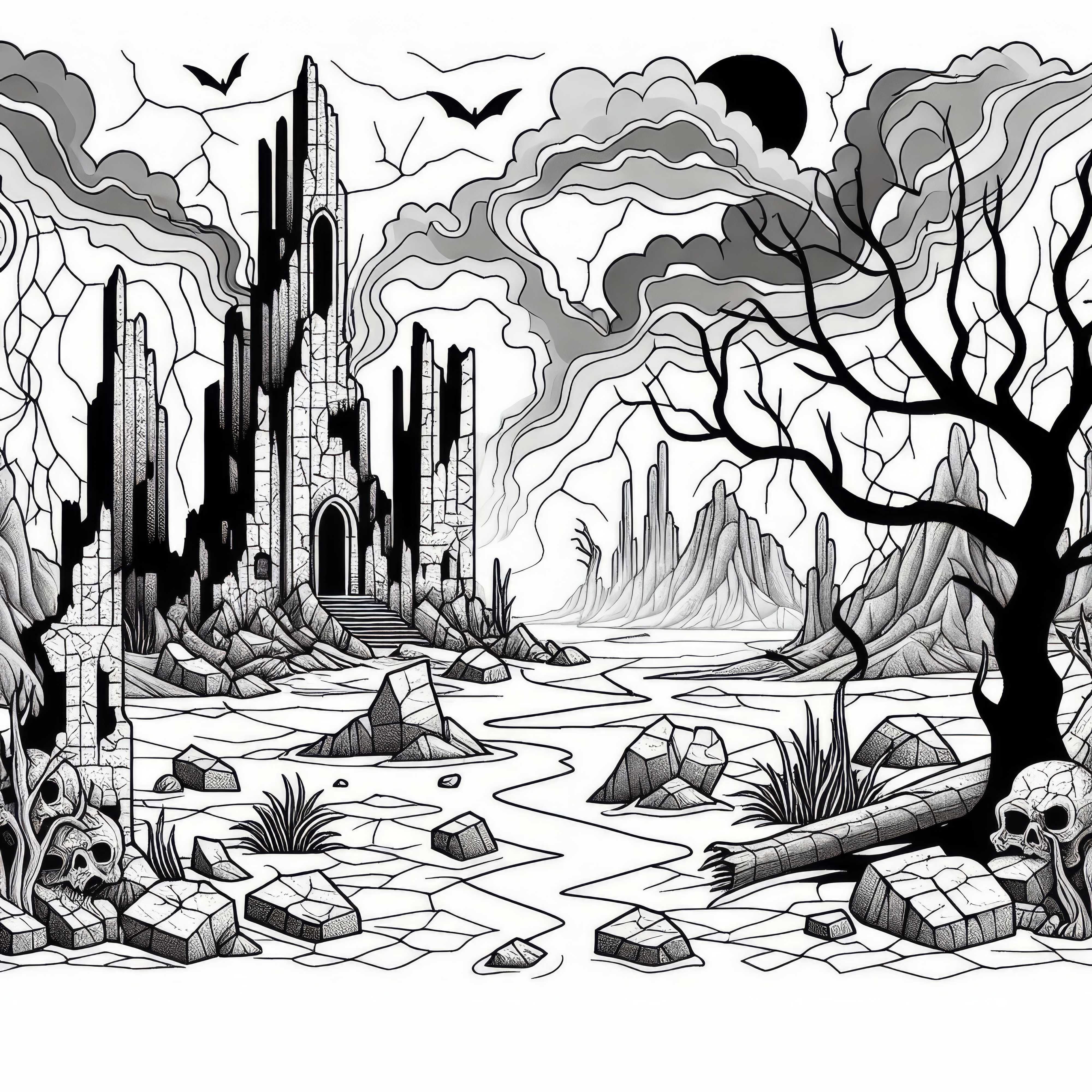 Paisagem morta &ndash; Ru&iacute;nas abandonadas em terra rachada &ndash; Modelo de colorir gr&aacute;tis