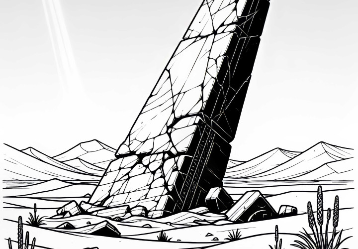 Død landskap med knust obelisk i sandblåst slette - gratis fargeleggingsbilde