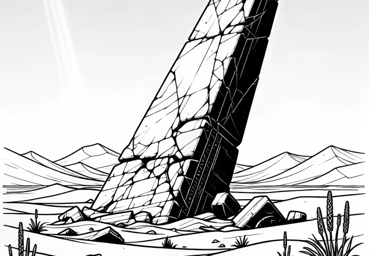 모래에 쓸려간 평원에 부서진 오벨리스크가 있는 죽은 풍경 - 무료 색칠하기 이미?