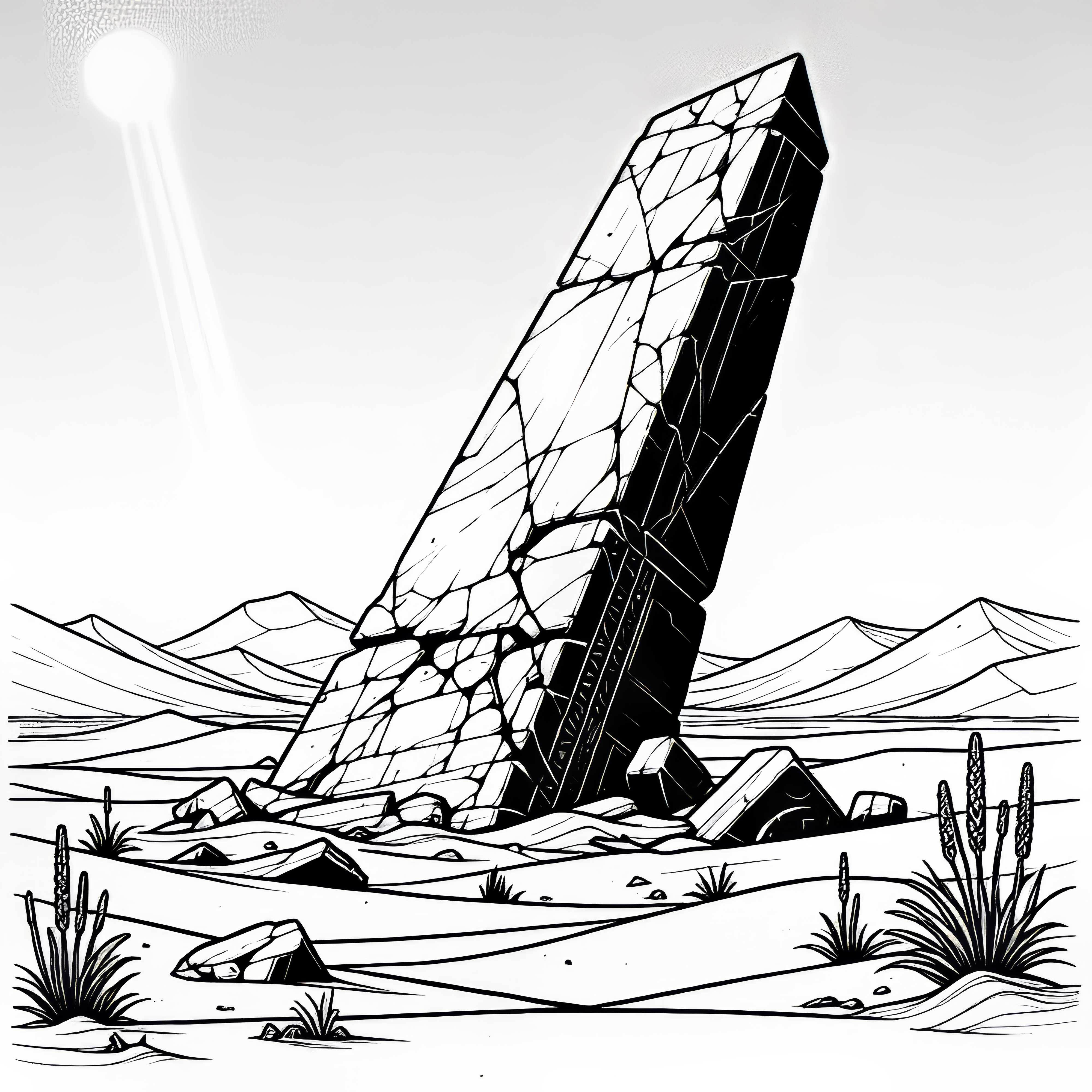 D&oslash;d landskap med &oslash;delagt obelisk i sandfyllt slette &ndash; gratis fargeleggingsbilde