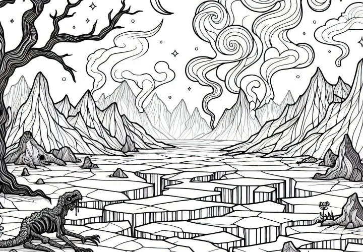 갈라진 틈이 많은 황량한 풍경 - 무료 색칠공부 자료