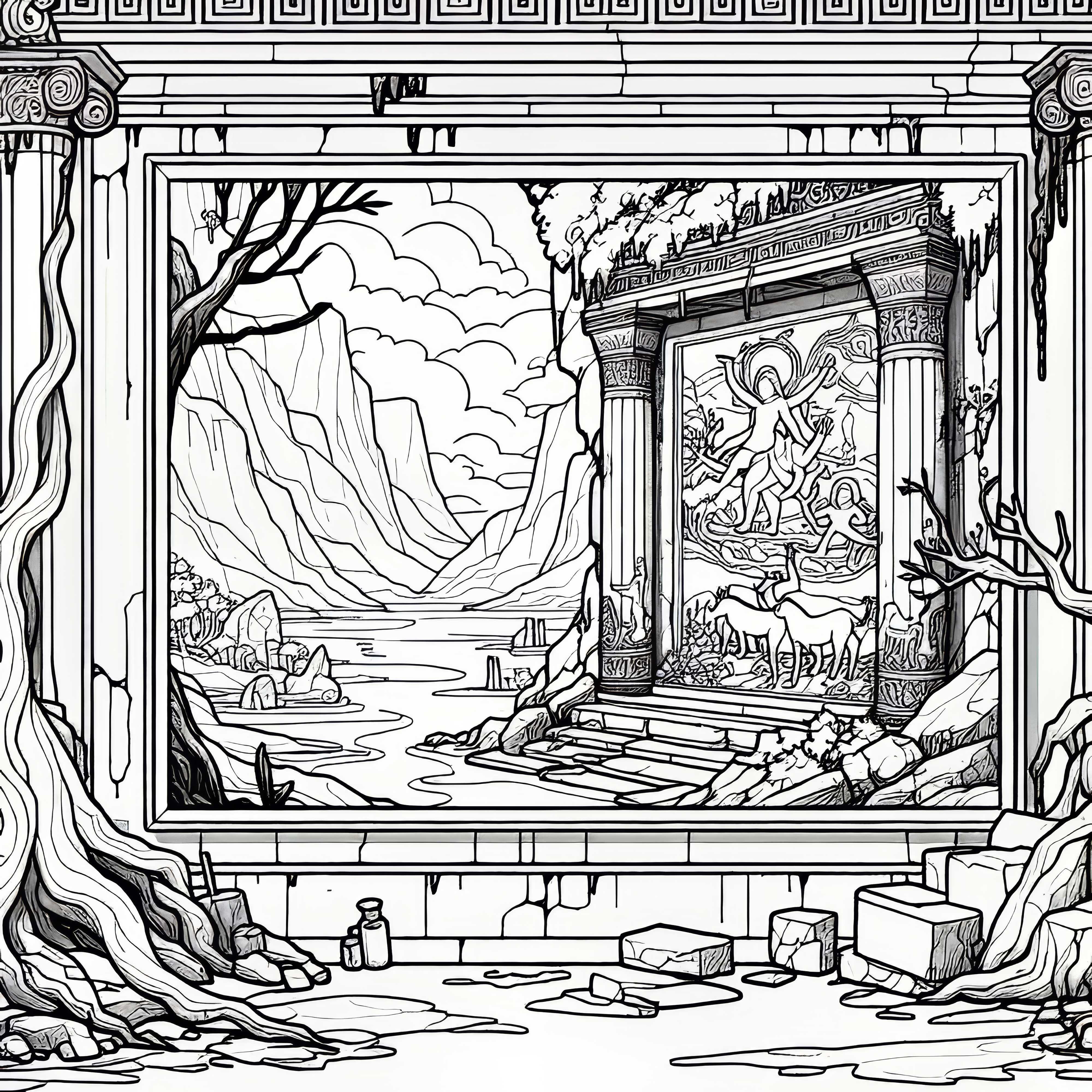 D&oslash;d landskap: Maleri henger p&aring; veggen i et &oslash;delagt tempel &ndash; Malebilde gratis