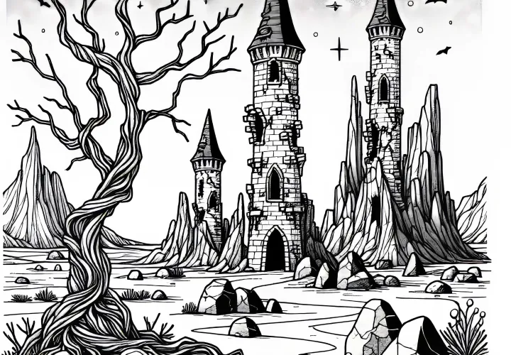 무인 탑이 우뚝 솟아 있는 황량한 암석 사막 – 무료 색칠 그림