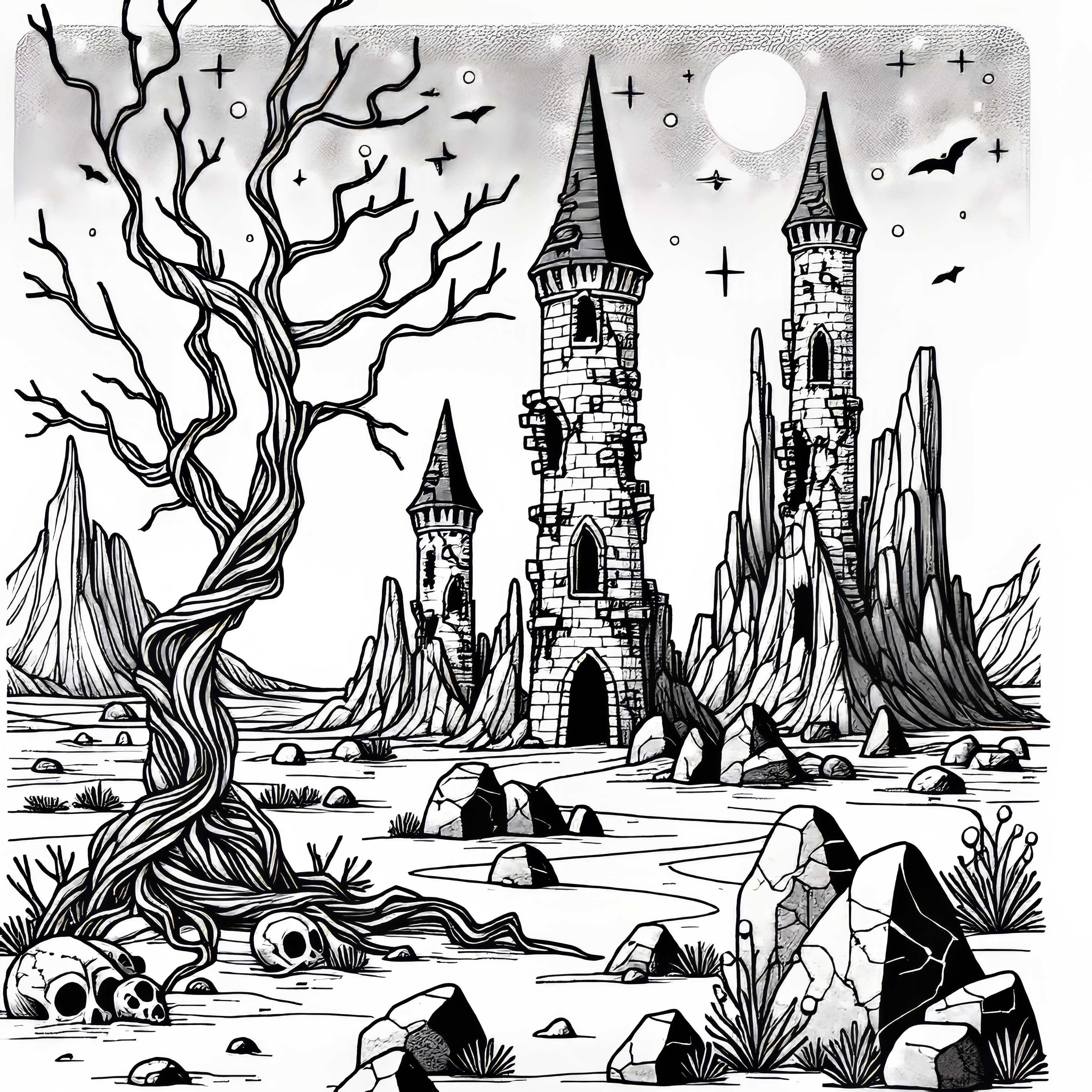 D&oslash;d landskap med forlatte t&aring;rn som stikker opp fra &oslash;de fjell&oslash;rken &ndash; Fargeleggingsbilde gratis