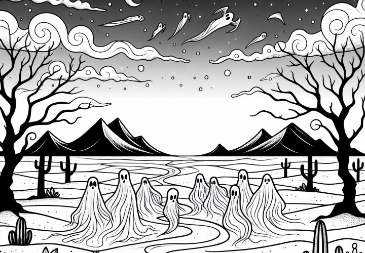 Gjenferdaktige silhuetter trekker over et støvete landskap – Malebilde gratis