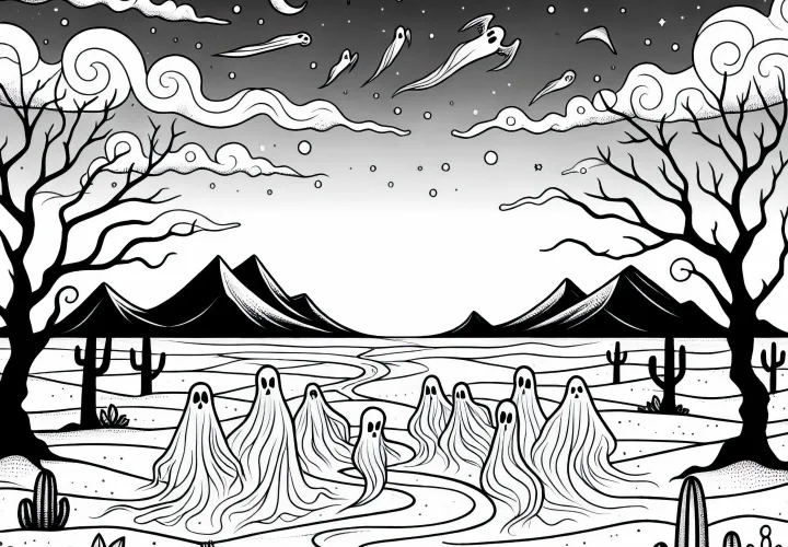 유령 같은 실루엣이 먼지 낀 풍경 위로 지나갑니다 - 무료 색칠하기 이미?