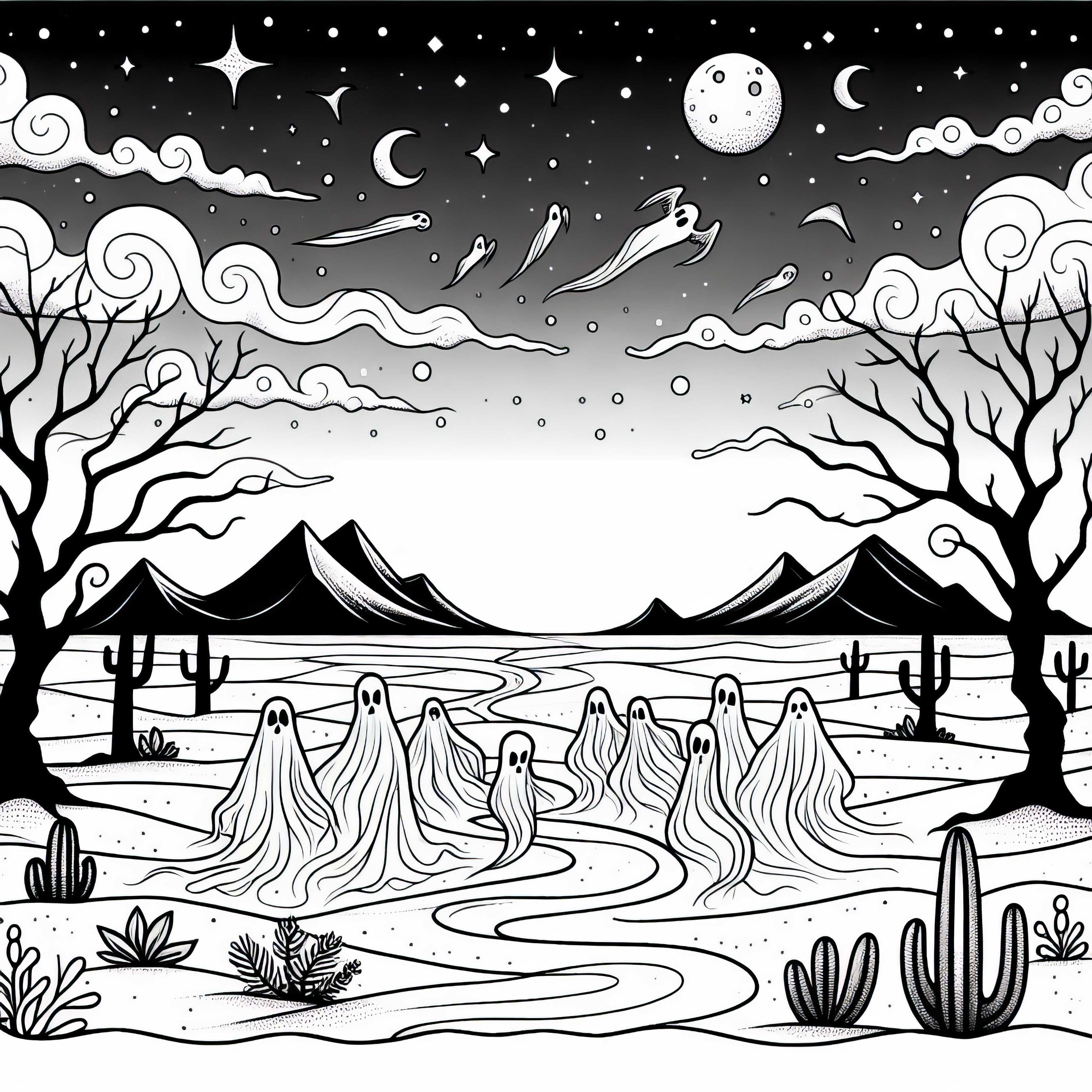 Silhuetas fantasmag&oacute;ricas atravessam uma paisagem empoeirada - Desenho para colorir gr&aacute;tis