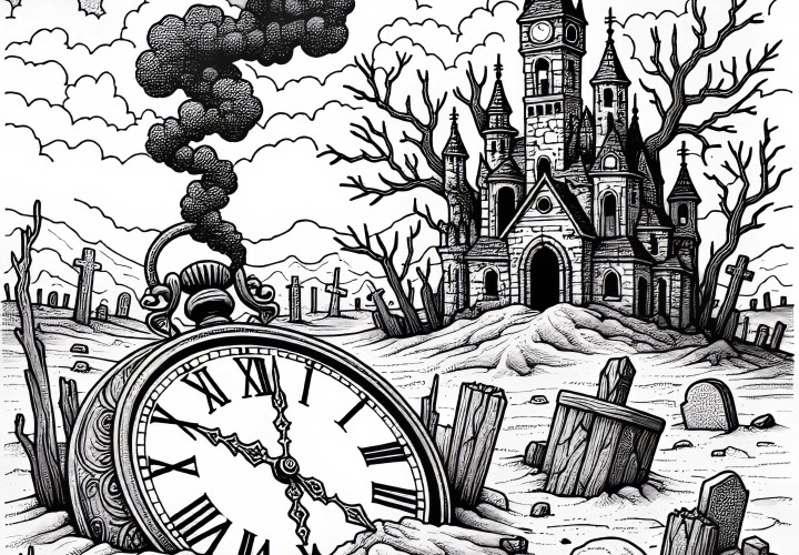 Død landskap med klokke, halv gravd ned i askebunnen – Malemalingsmal