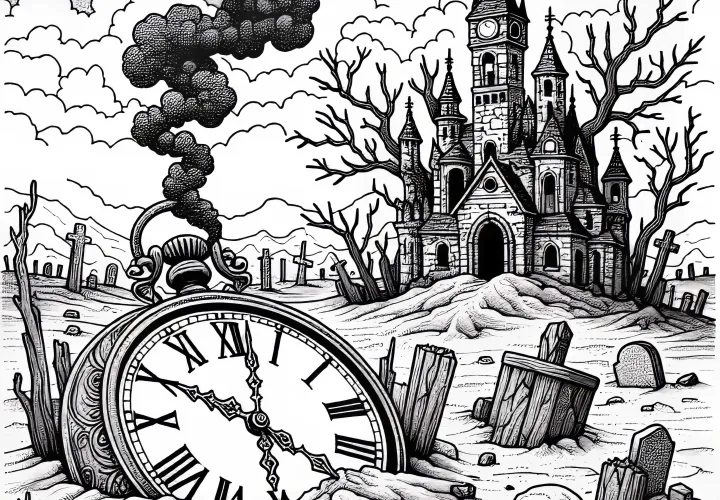 죽은 풍경과 시계, 재바닥에 반쯤 묻혀 있는 – 무료 색칠 공부 페이?