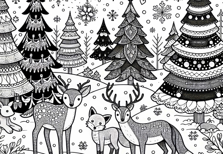 Zimní les svířaty: Srna, liška a zajíc ve sněhu – Adventní kalendář obrázek k vymalování