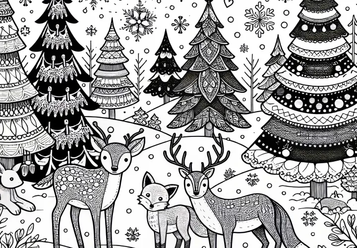 Zimní les svířaty: Srna, liška a zajíc ve sněhu – Adventní kalendář obrázek k vymalování